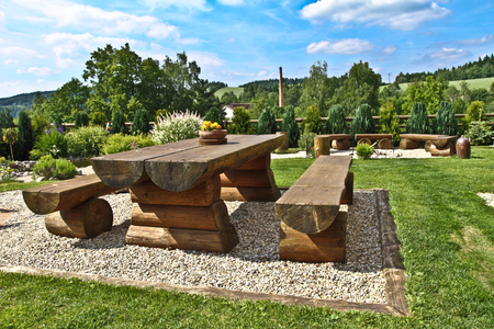 Timber bench and tableの写真素材