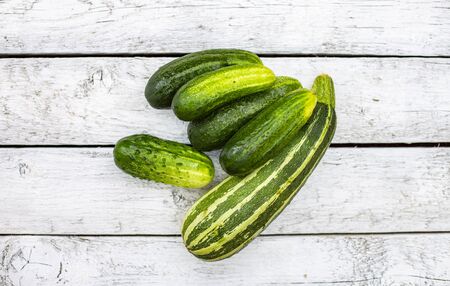 Fresh cucumbers and zucchini on a white boardの写真素材