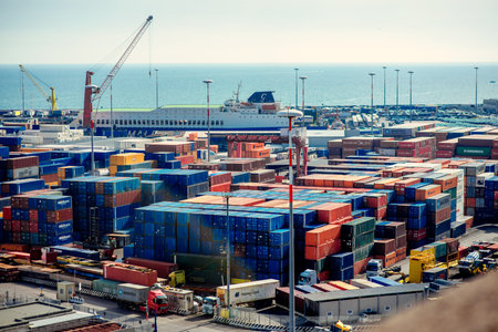 SALERNO/ITALY - 09.23.2014 (Colorful containers in the Salerno Harbour view from the highway in...