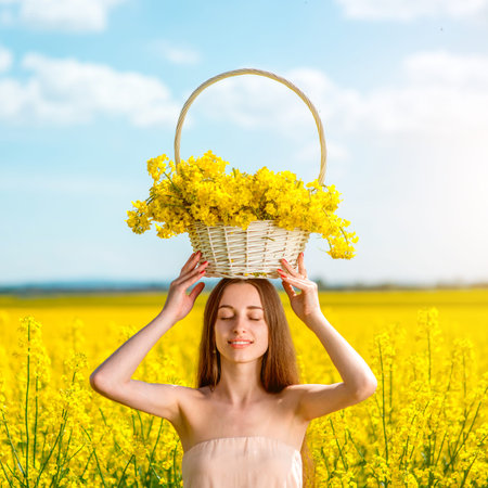 Beautiful happy girl holding the basket full of the yellow flowers on the colza field. Healthy young woman outdoors. Countryside.の写真素材