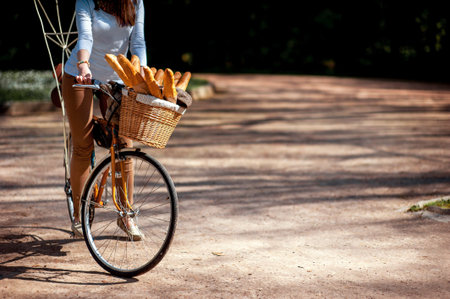 Woman riding the bicycle with the basket full of baguettes on the alley in the park