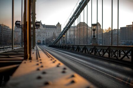 Hungarian Szechenyi Chain Bridge early in the morning in Budapestの写真素材