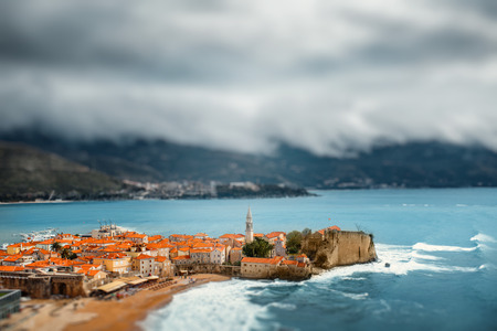 Budva old city top view at cloudy stormy weather in Montenegroの写真素材