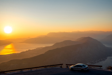 Tivat and Kotor bay with mountains on the sunset, Montenegroの写真素材