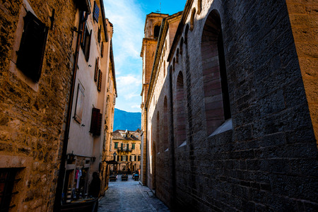 Street view with Saint Tryphon cathedral in Kotor old city in Montenegroの写真素材