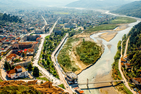 Modern part of Berat city with Osum river in Albaniaの写真素材