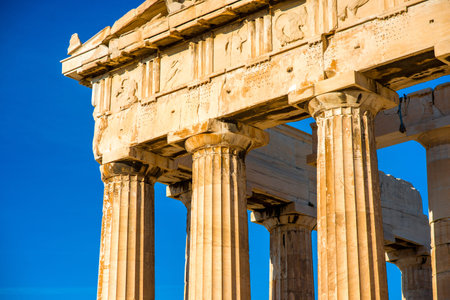 Architectural fragment of Parthenon temple in Acropolis in Athens, Greeceの写真素材