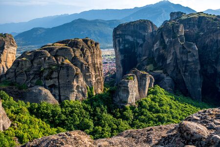 View on the beautiful rocky mountains near Meteora Monasteries in Greeceの写真素材