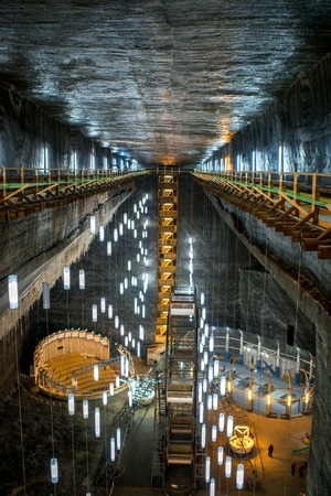 TURDA, ROMANIA - JUNE 30 2015: Underground space in the Salt Mine Salina Turda museum in Romaniaのeditorial素材