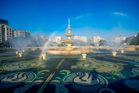 Central city fountain in Bucharest, capital of Romaniaの写真素材