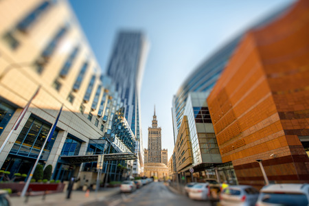 Street view in the business center with of culture and modern towers in Warsaw, Polandの写真素材