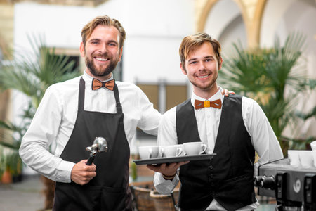 Barista and waiter in uniform standing together at the classical cafe patio