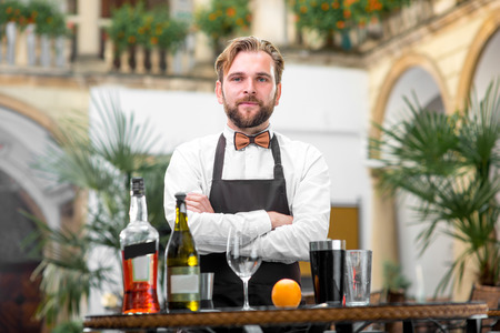 Portrait of handsome barman in uniform with bottles and shaker at the restaurantの写真素材