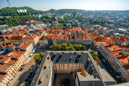Top view on the old historical center of the city Lviv in Ukraineの写真素材