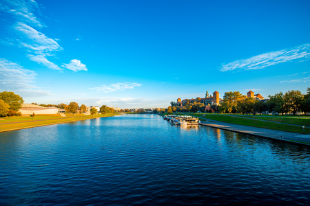 Beautiful view on Vistula river near Wawel castle in Krakow on the morningの写真素材