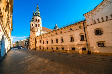 Krakow, POLAND - OCT 09, 2015: Street view with St. Andrews church in old city center on the sunny morningのeditorial素材