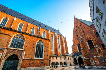 View on St. Mary's Basilica backside in the center of Krakowの写真素材