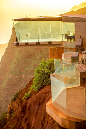 Agulo, La Gomera island, Spain - January 06, 2016: Mirador de Abrante viewpoint bilding with glass observation balcony above Agulo village on nothern part of La Gomera island in Spainのeditorial素材