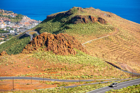 Top view on mountain road near San Sebastian city on La Gomera islandの写真素材
