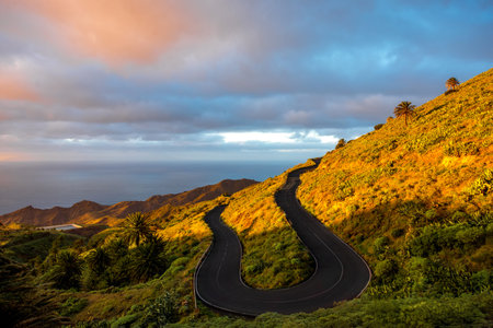 Serpantine mountain road on the western part of La Gomera island on the sunset