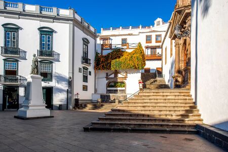 Central square in old town with Salvador church and monument in Santa Cruz de la Palma in Spainの写真素材