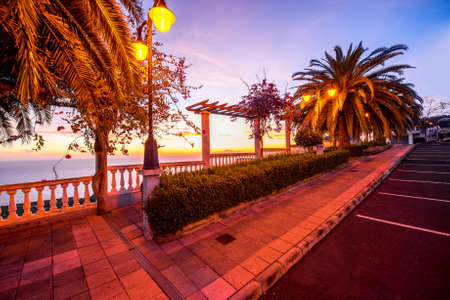 Beautiful garden on the eastern coast of La Palma island with Tenerife island on the background on the sunrise in Spainの写真素材