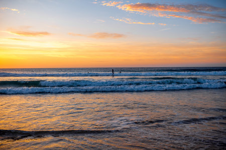 Beautiful sand beach near El Cotillo village on Fuerteventura island on the sunset in Spainの写真素材