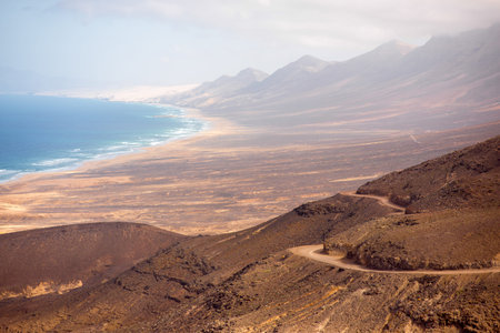 Top view on Cofete coastline the longest beach on Canary island