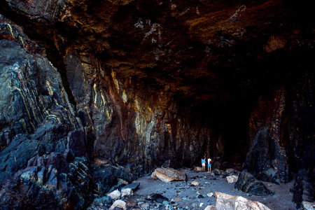 Black volcanic caves near Ajuy village on Fuerteventura island in Spainの写真素材