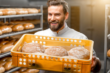 Handsome baker holding box full of freshly baked buckweat breads at the manufacturing