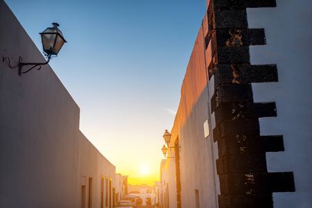 Street view in Teguise village on the sunset on lanzarote island in Spainの写真素材
