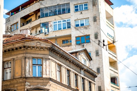 SARAJEVO, BOSNIA and HERZOGOVINA - CIRCA JUNE 2015: Buildings with holes from bullets in Sarajevo. From 1992 to 1996 the city suffered during the Bosnian Warのeditorial素材