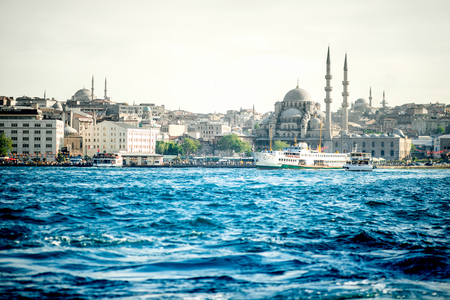 ISTANBUL - MAY 28, 2015: Cityscape view with Sultanahmet mosque on the European part of Istanbul city from Galata coast with blue waterfrontのeditorial素材