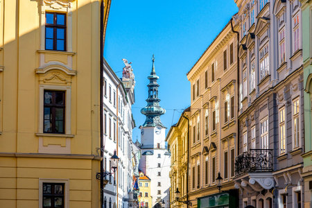 Famous St. Michaels watch tower and gate in the old town of Bratislava city, Slovakia