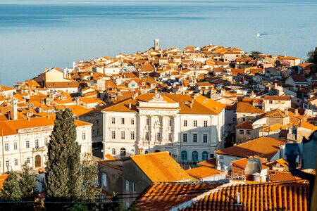 Aerial city scape view on Piran town with town hall building and Adriatic sea on the background in Sloveniaの写真素材