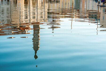 Water reflection of Piran town at the sunrise in Sloveniaの写真素材