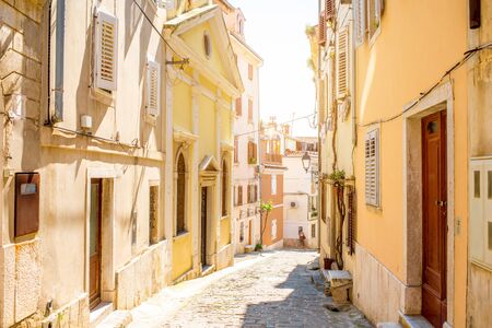 Street view in Piran town in southwestern Sloveniaの写真素材