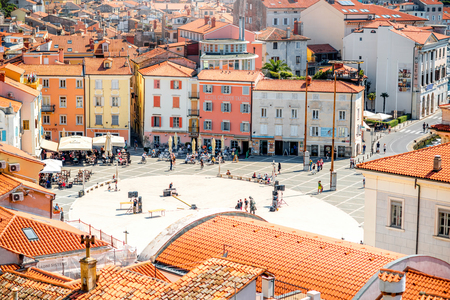 Piran, Slovenia - May 7, 2016: Top view on Tartini square in Piran town. Piran is one of Slovenia's major tourist attractions.のeditorial素材