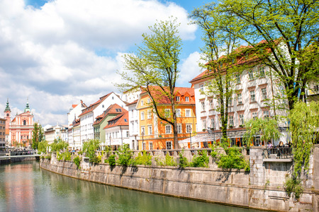 Ljubljana, Slovenia - May 6, 2016: Cityscape view on Ljubljanica river canal in Ljubljana old town. Ljubljana is the capital of Slovenia and famous european tourist destination.のeditorial素材