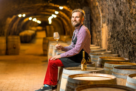 Portrait of a handsome sommelier in apron and checkered shirt with wine bottle standing in the old...