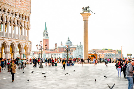 Venice, Italy - May 18, 2016: San Marco square crowded with people. This square is the most popular place among tourists in Veniceのeditorial素材