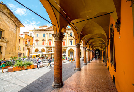 Bologna, Italy - May 24, 2016: Arched gallery near Marco Biagi square in Bologna old city center in Italyのeditorial素材