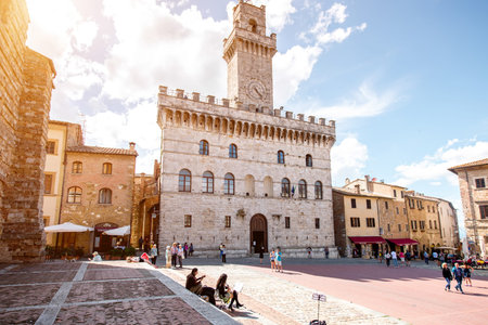 Montepulciano, Italy - May 30, 2016: Grande square with city hall in Montepulciano town in Tuscany region in Italyのeditorial素材