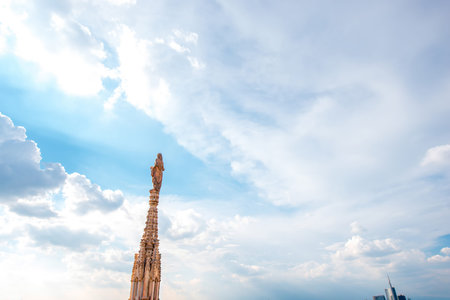 Gothic spires on Duomo rooftop's spires in Milan city. General plan with copy spaceの写真素材