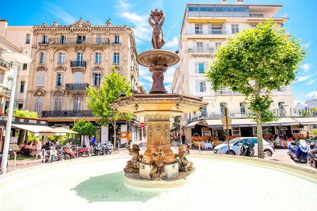 Cannes, France - June 14, 2016: Beautiful fountain on Gaulle square in the center of Cannes city in Franceのeditorial素材