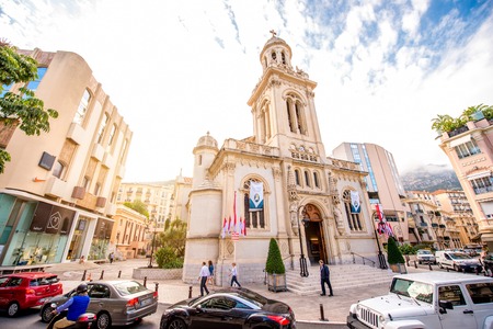 Monte Carlo, Monaco - June 13, 2016: City street view with Saint-Charles cathedral in Monte Carlo in Monacoのeditorial素材