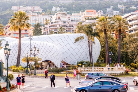 Monte Carlo, Monaco - June 13, 2016: Pavilions with luxury shopes in the Boulingrins Gardens. The pavilions were built with aluminum panels by architects Cherif Jahlan and Richard Martinetのeditorial素材