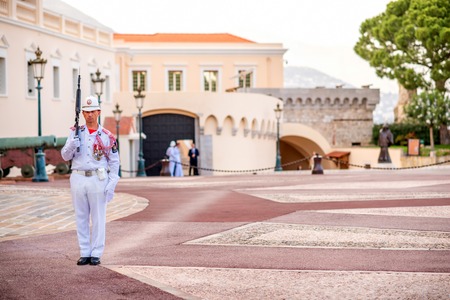 Monte Carlo, Monaco - June 13, 2016: Ceremonial changing of guard at residence of Prince of Monaco. Guards unit was created in 1817 to provide security for the Palace, Sovereign Prince and his family.のeditorial素材