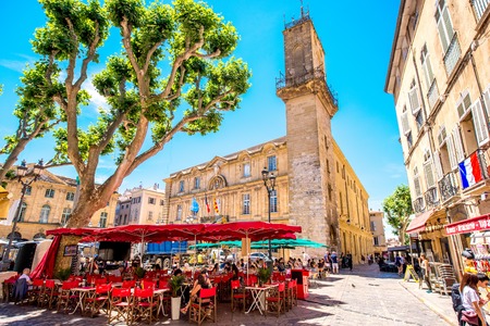Aix-en-Provence, France - June 20, 2016: Central square with cafes and bars in the old town of Aix-en-Provence city on the south of France.のeditorial素材