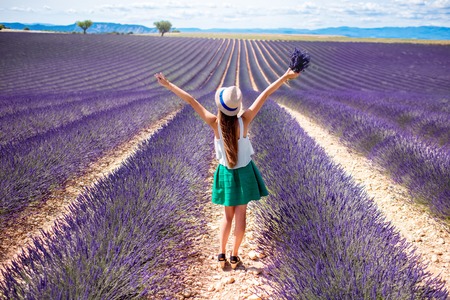 Young woman with raised hands holding lavender bouquet standing on the lavender field in Provenceの写真素材